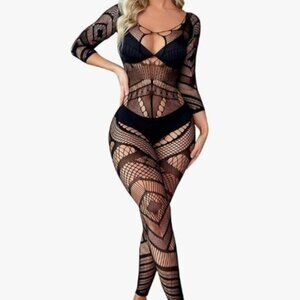 Black Geometric Pattern Fishnet Bodysuit
